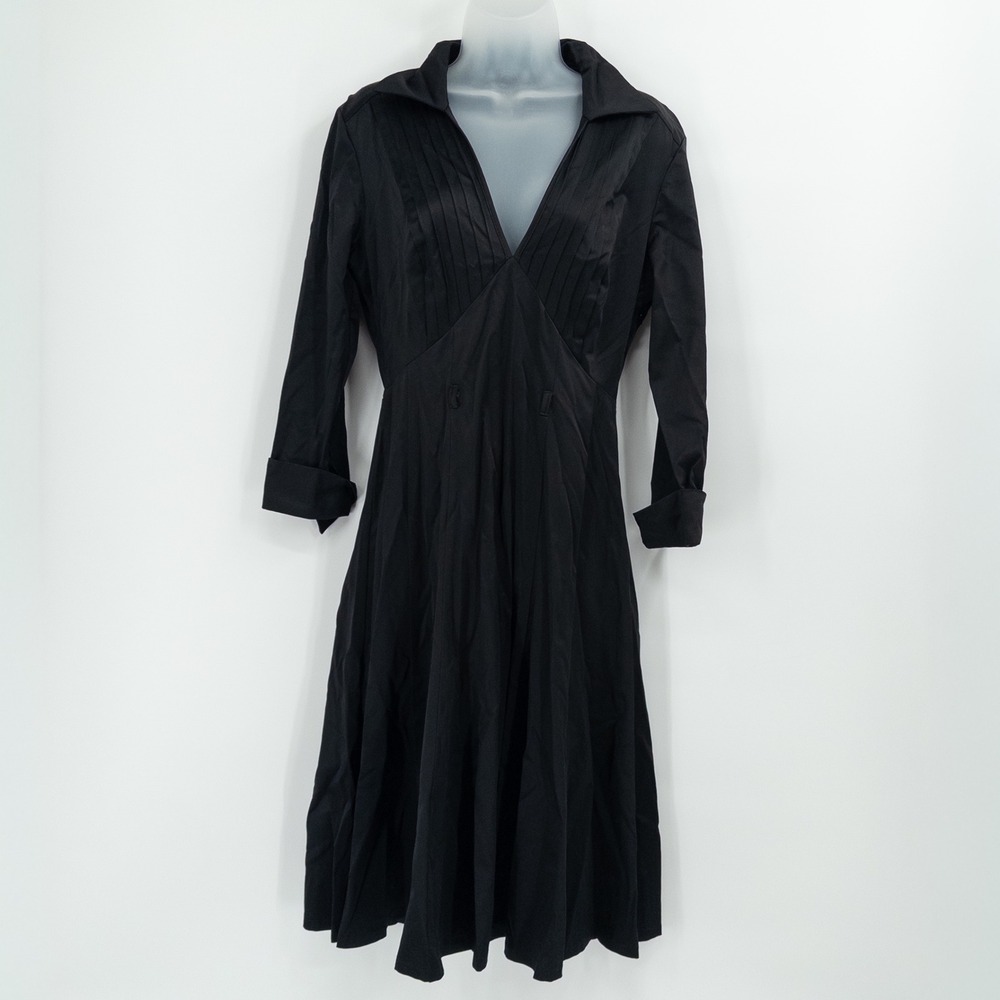 Dark Academia Midi Dress Womens 6 Black Pleated V-Neck Goth Romantic Witchy